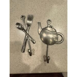 Vintage DII pewter wall hook fork spoon and tea pot towel hooks